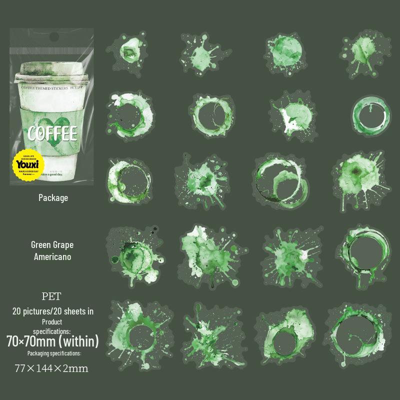 Coffee Stain Ink PET Sticker Pack: 20 Sheets, 6 Designs - Beautiful Day Series
Coffee Stain Ink PET Sticker Pack: 20 Sheets, 6 Designs - Beautiful Day Series