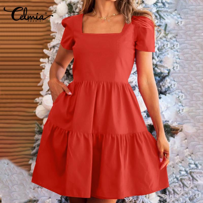 Celmia Лето Женская мода с коротким рукавом Вечеринка Мини-платье Vestidos Квадратный воротник Твердый Повседневный Свободный Плиссированная линия Короткие платья Плюс размер