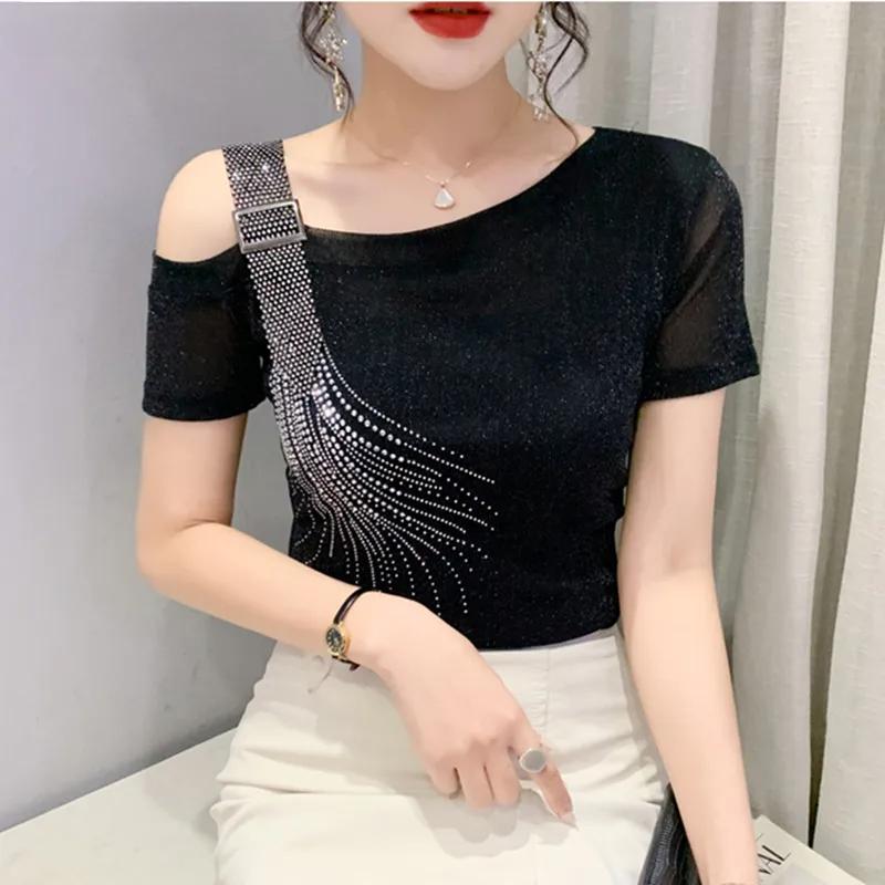 Summer Fashion European Female Clothes T-Shirt Sexy Off Shoulder Shiny Diamonds Mesh Women Tops All Match Tees Blouse M
Summer Fashion European Female Clothes T-Shirt Sexy Off Shoulder Shiny Diamonds Mesh Women Tops All Match Tees Blouse M