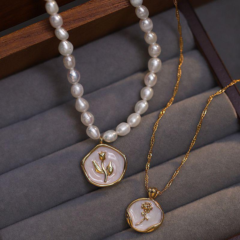 Elegant Tulip and Rose Enamel Necklace with Freshwater Pearls - Women s Clavicle Chain
Elegant Tulip and Rose Enamel Necklace with Freshwater Pearls - Women s Clavicle Chain