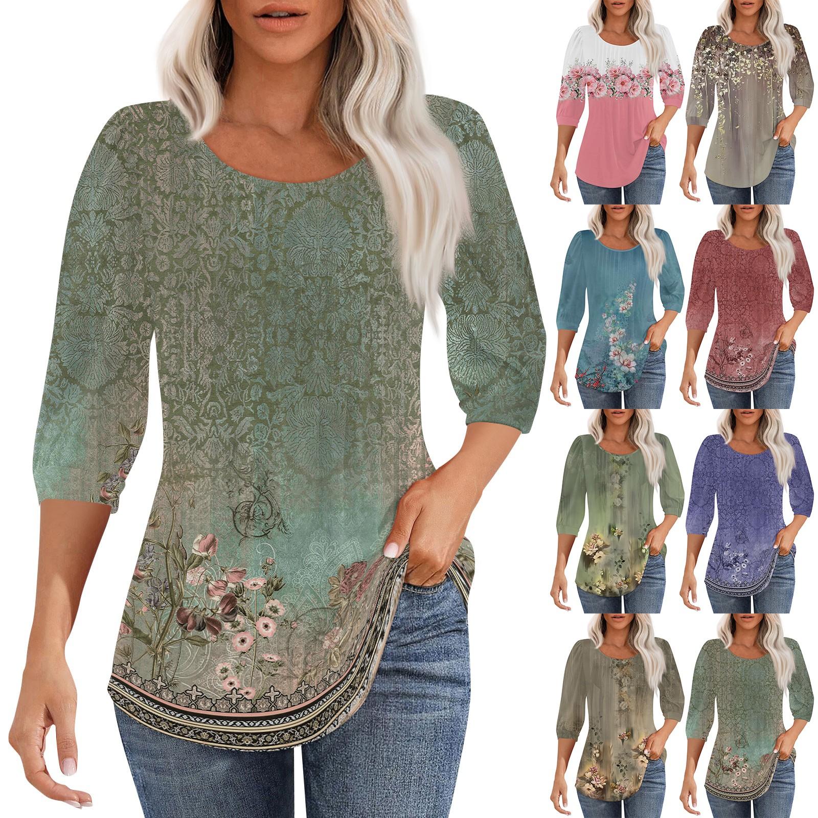 Женская мода плиссированная футболка с круглым вырезом и семью рукавами, повседневный топ с цветочным принтом
Женская мода плиссированная футболка с круглым вырезом и семью рукавами, повседневный топ с цветочным принтом