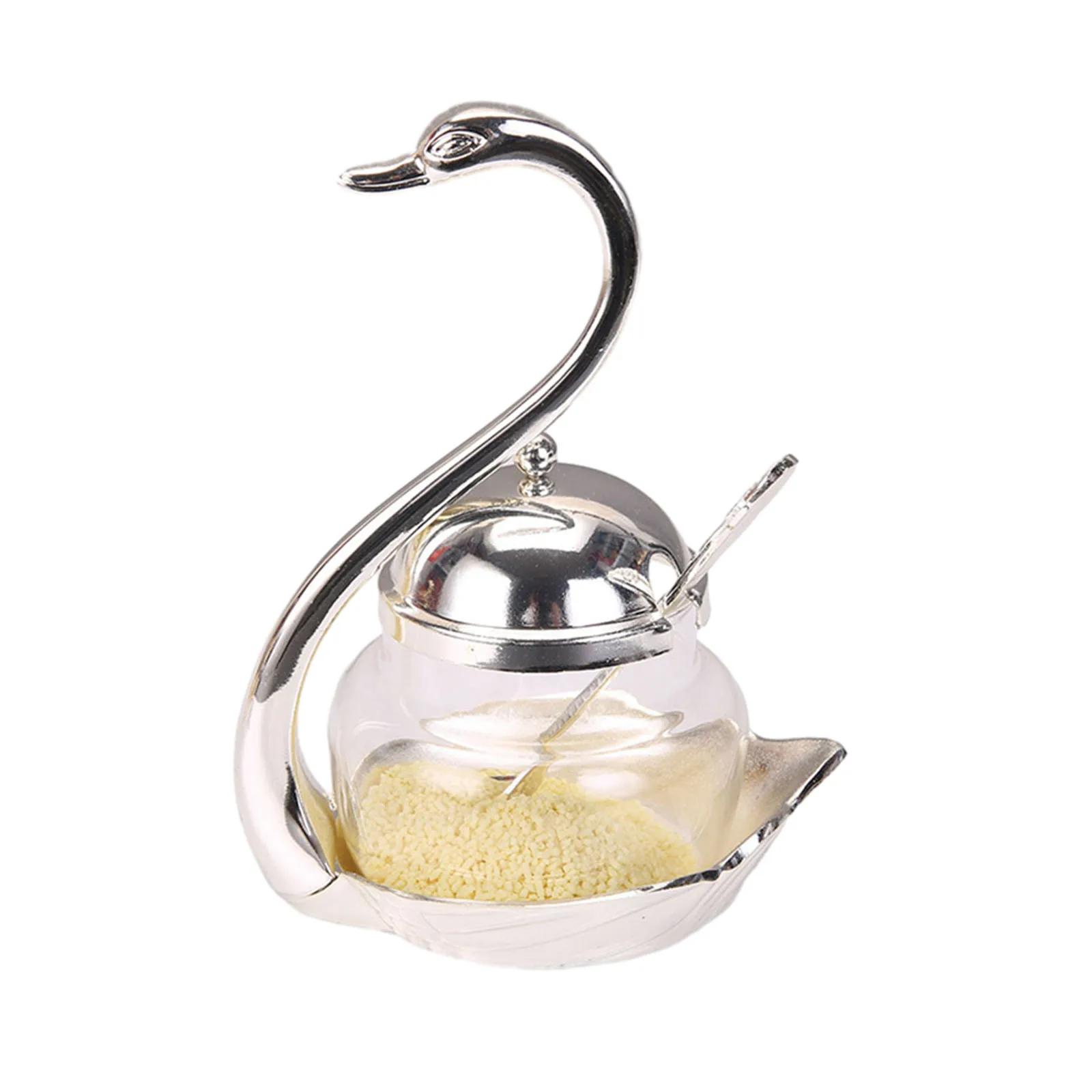 1 шт. Стеклянная банка для приправ в виде лебедя с ложкой 15,5x11,5 см для соли, сахара, чая, кофе, различных приправ, аксессуаров для дома и сада