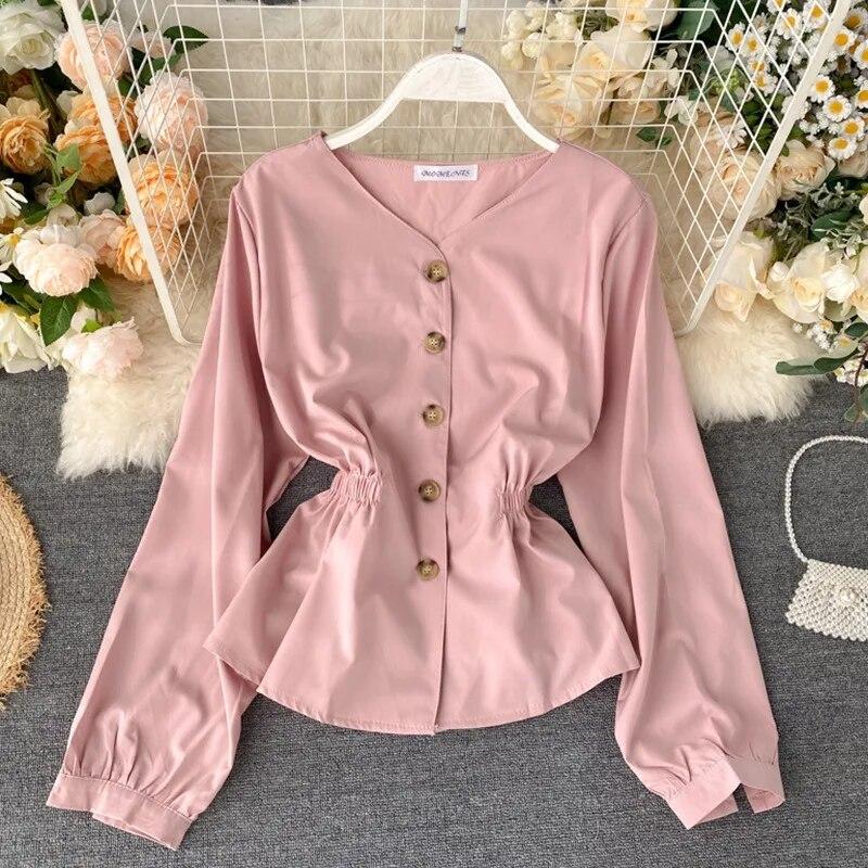 Women Chiffon Single Breasted Temperament V-neck Tie Wrap Waist Show Thin Blouse
Women Chiffon Single Breasted Temperament V-neck Tie Wrap Waist Show Thin Blouse