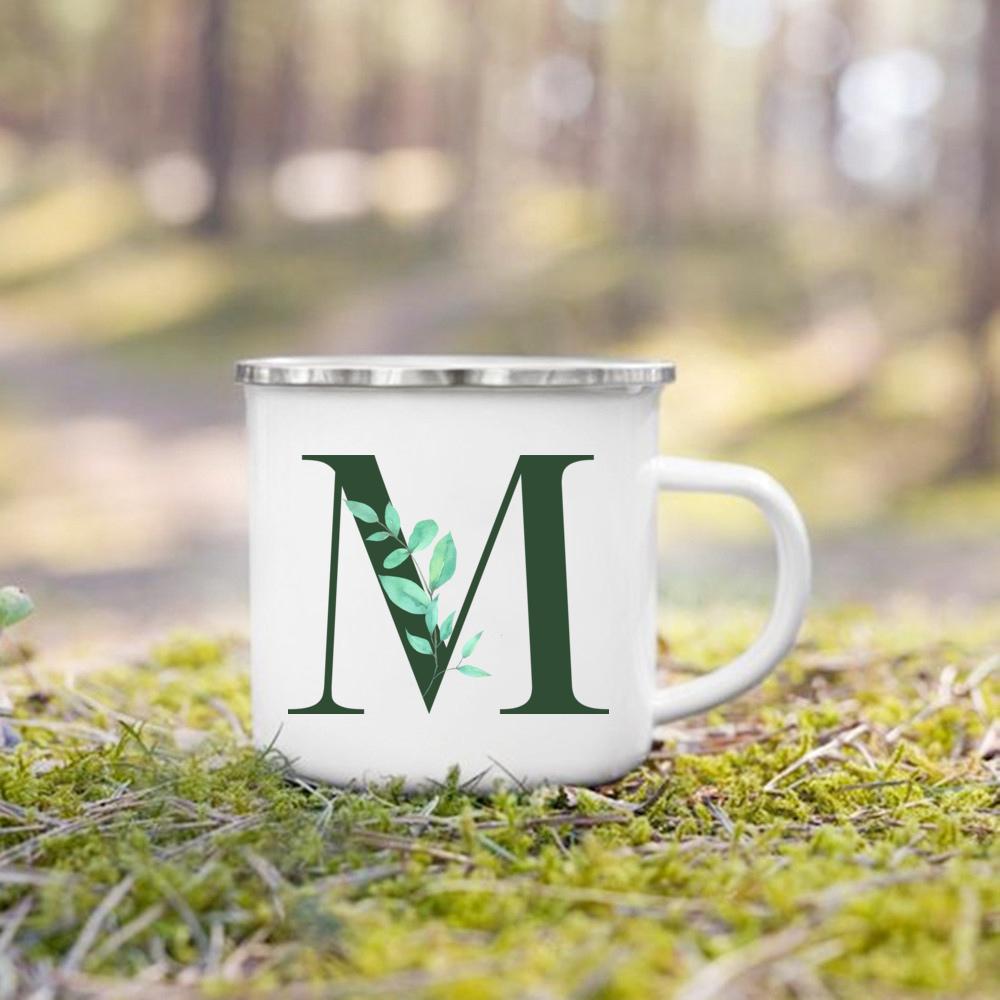 Ручка эмалированная чашка акварель зеленый лист с алфавитом кружка персонализированные подарки кофейная кружка для путешествий пивные чашки для кофе и чая кружки 360ml