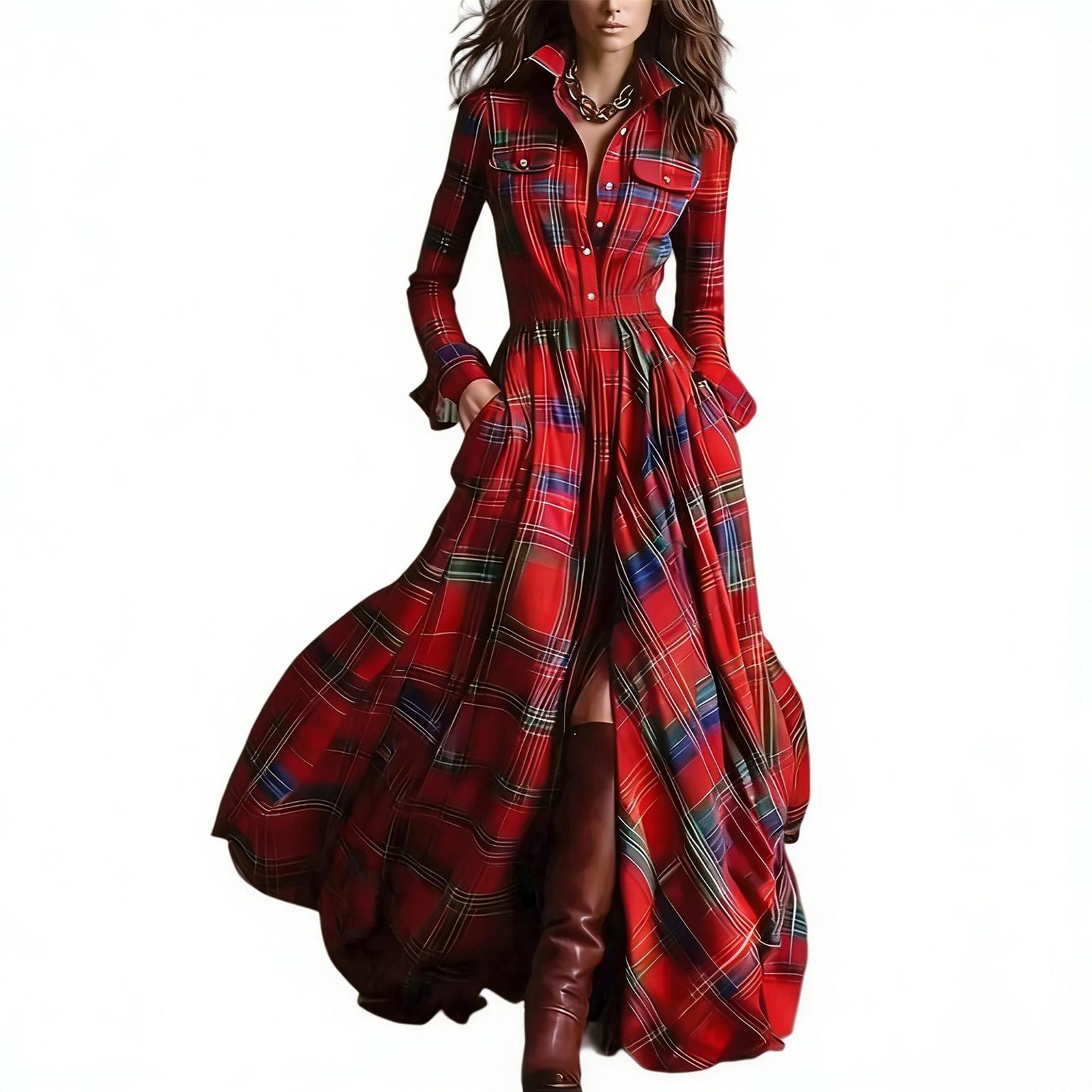 Womens Plaid Shirt Dress V-Neck Button Button Split Asymmetric Hem Checkered Maxi Dress With Pockets XL винний
Womens Plaid Shirt Dress V-Neck Button Button Split Asymmetric Hem Checkered Maxi Dress With Pockets XL винний