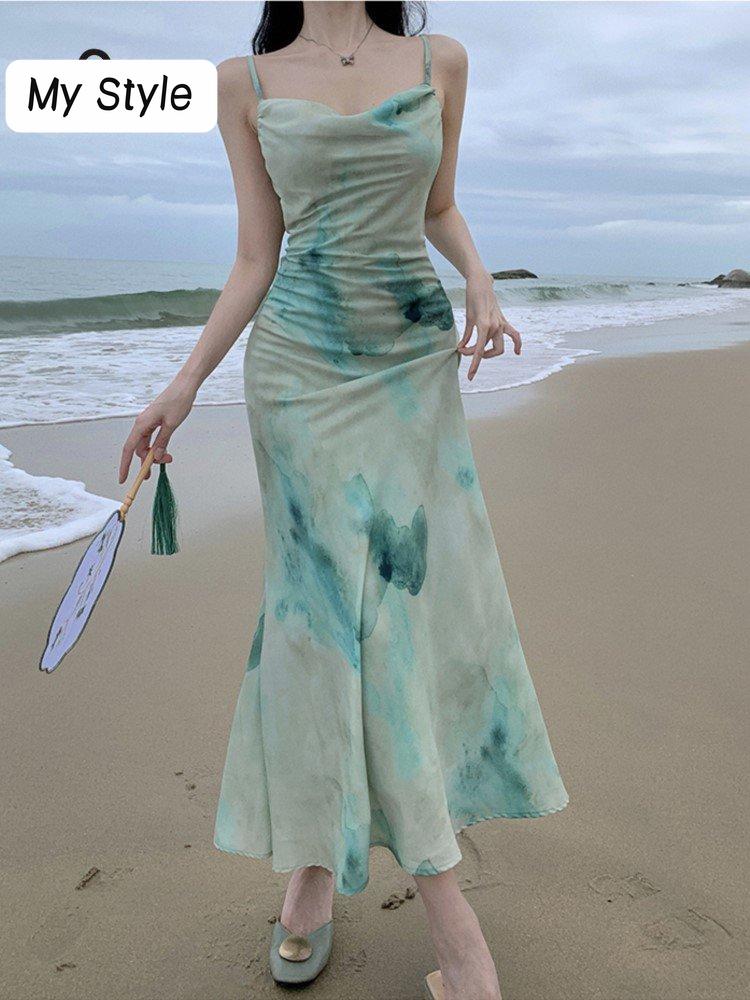 Летнее модное зеленое платье-комбинация с открытой спиной и принтом, женские длинные сексуальные плиссированные платья для вечеринок и каникул, шикарные винтажные платья в стиле бохо 
Летнее модное зеленое платье-комбинация с открытой спиной и принтом, женские длинные сексуальные плиссированные платья для вечеринок и каникул, шикарные винтажные платья в стиле бохо