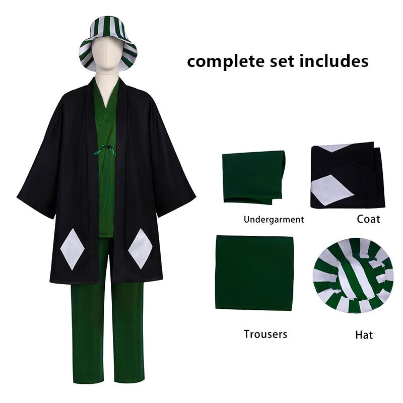 BLEACH Urahara Kisuke Cosplay Costume, Black Kimono with Green Undergarment & Striped Hat for Anime Fans & Halloween XS
BLEACH Urahara Kisuke Cosplay Costume, Black Kimono with Green Undergarment & Striped Hat for Anime Fans & Halloween XS