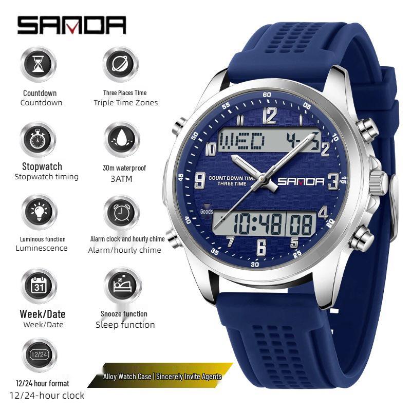 Sanda Waterproof Teen Boys Sports Watch: Multifunctional Alarm, Three-Time Zone, Dual Display.
Sanda Waterproof Teen Boys Sports Watch: Multifunctional Alarm, Three-Time Zone, Dual Display.