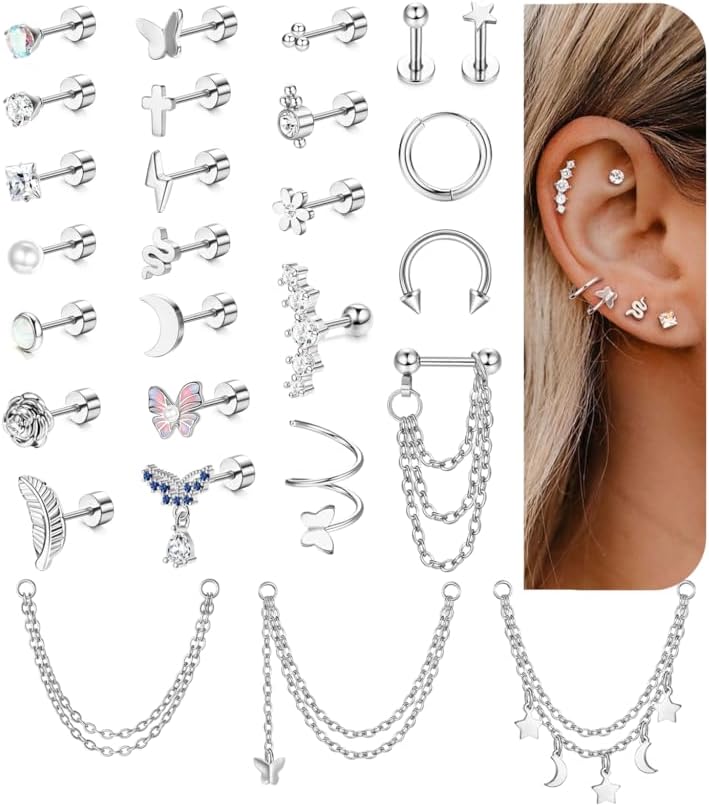 Bobisty 27Pcs Surgical Steel Flat Back Cartilage Studs Earring for Women Men CZ Opal Dainty Chain Dangle Helix Piercing Jewelry
Bobisty 27Pcs Surgical Steel Flat Back Cartilage Studs Earring for Women Men CZ Opal Dainty Chain Dangle Helix Piercing Jewelry