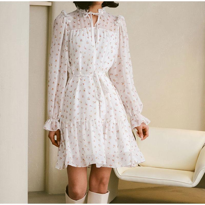 Женское мини-платье с рюшами и цветочным принтом, элегантное модное плиссированное платье с v-образным вырезом и пышными рукавами, женское повседневное шикарное шифоновое расклешенное платье L белый