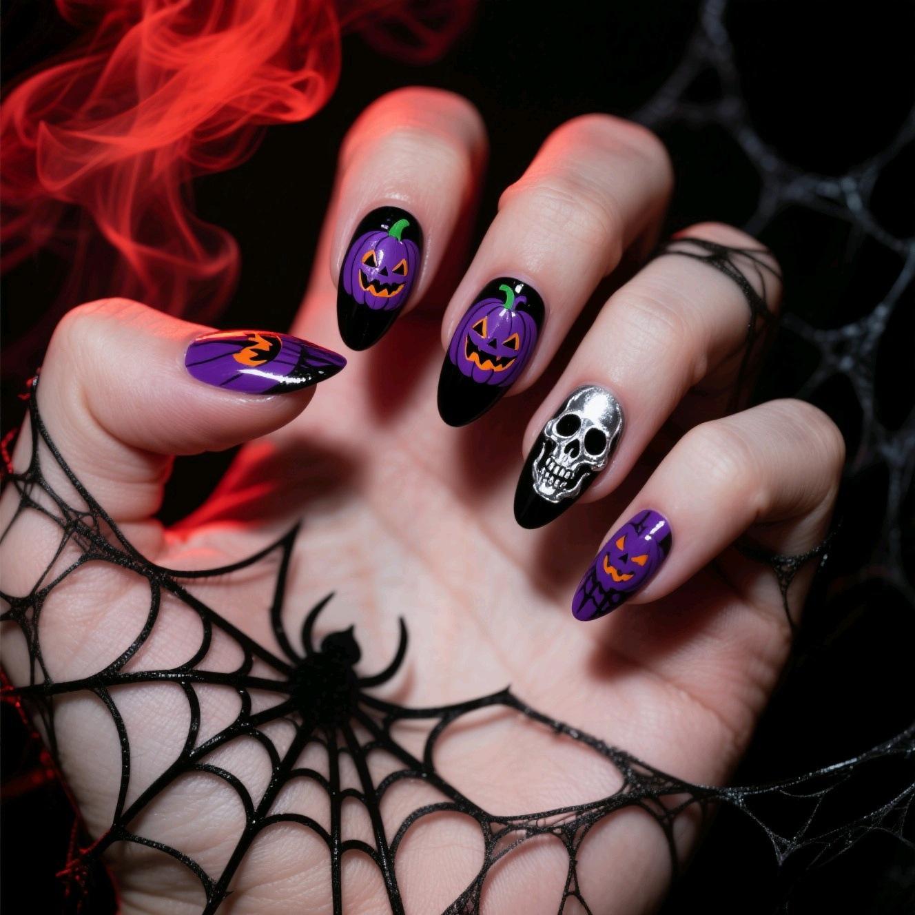 Purple-Black Pumpkin & Silver Skull Halloween Prank Wearable False Nails
Purple-Black Pumpkin & Silver Skull Halloween Prank Wearable False Nails