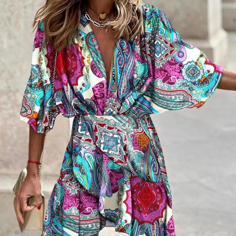 QICED Женские осенние платья с рукавами «летучая мышь» и V-образным вырезом, асимметричным подолом XXXL синий