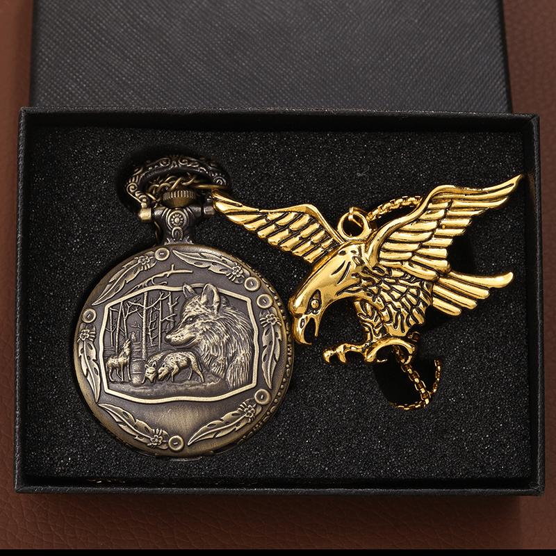 Комплект из 2 шт., карманные часы, 1 шт. карманные часы с кварцевым механизмом и 1 шт. модное ожерелье с золотым парящим орлом, прочный, идеальный подарок для семьи и друзей. 2pcs/set C