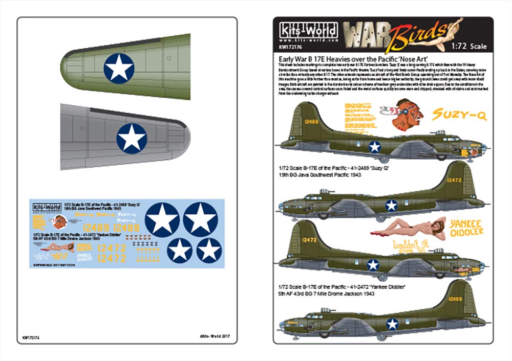 KW172176 Декаль Тихоокеанской армии США 1/72 B-17E Suzy Q и Yankee Diddler времен Второй мировой войны
KW172176 Декаль Тихоокеанской армии США 1/72 B-17E Suzy Q и Yankee Diddler времен Второй мировой войны