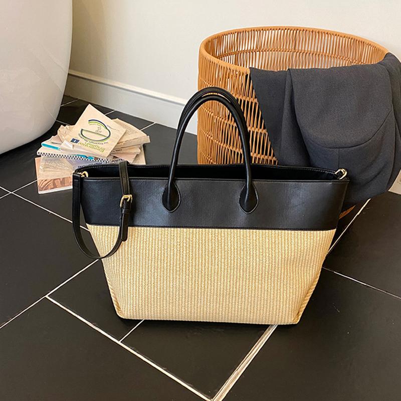 Woven Leather Spliced Tote Bag Large Capacity Summer Vacation Handbag Contrast Color Design Casual Beach Commuter Shoulder Bag
Woven Leather Spliced Tote Bag Large Capacity Summer Vacation Handbag Contrast Color Design Casual Beach Commuter Shoulder Bag