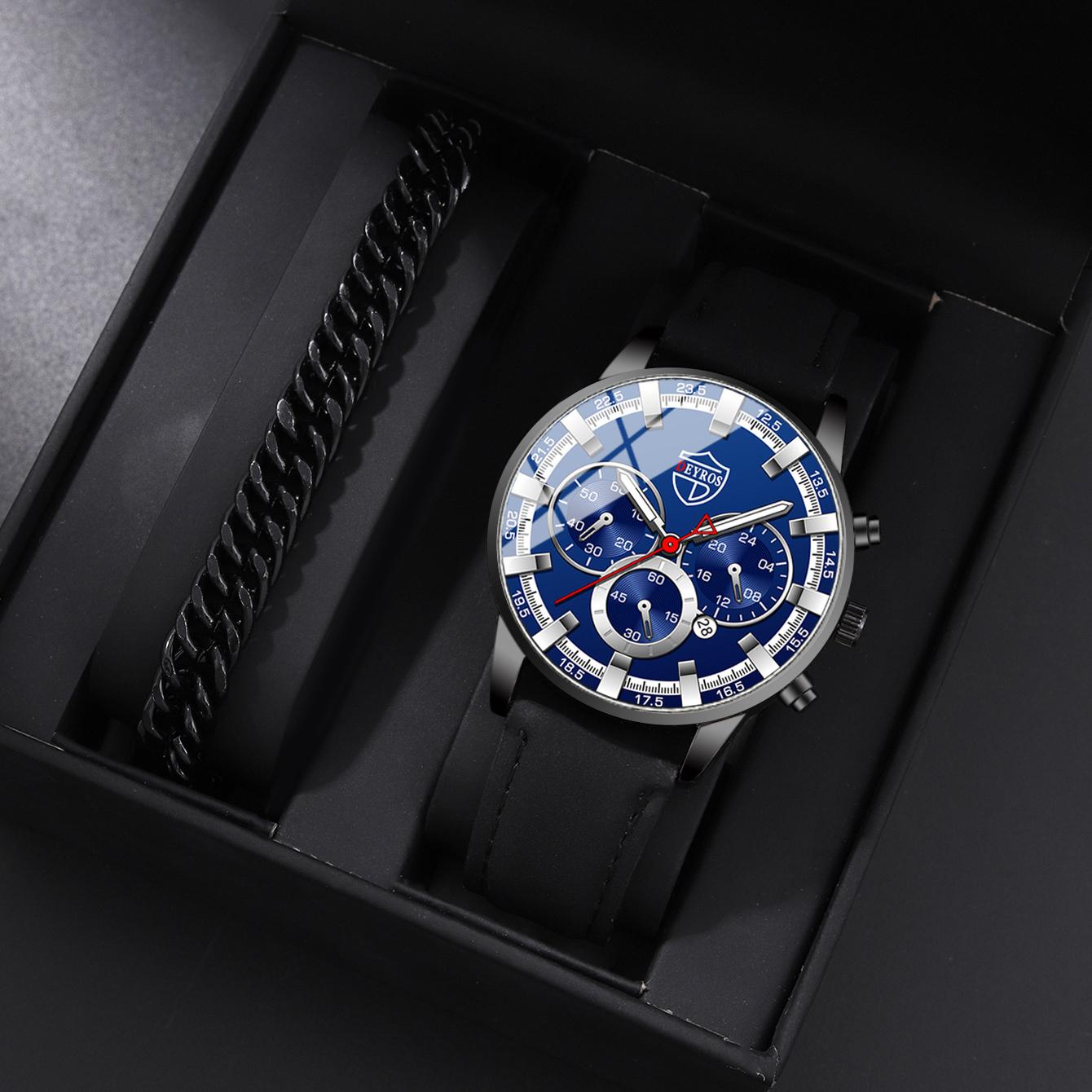 Набор из 2 предметов DEYROS, модные мужские часы, роскошные деловые мужские часы с кожаным ремешком и календарем, мужские кварцевые часы, лучший подарок для мужчин
Набор из 2 предметов DEYROS, модные мужские часы, роскошные деловые мужские часы с кожаным ремешком и календарем, мужские кварцевые часы, лучший подарок для мужчин