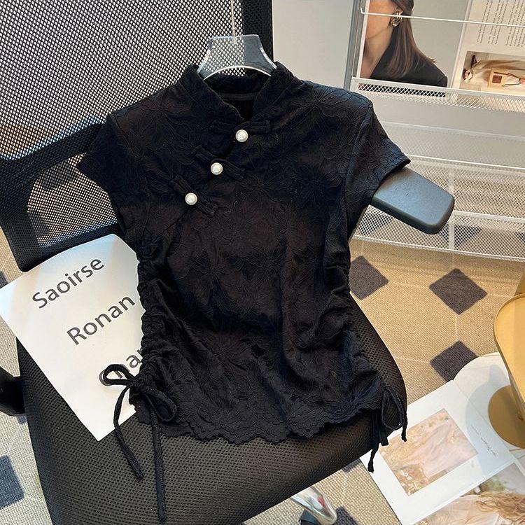 Chinese Styl Shirts Stand Neck Short Sleeve Solid Color Draw String Jacquard Crop Tops Summer Female Slim Elegant Women Clothing 3XL чорний
Chinese Styl Shirts Stand Neck Short Sleeve Solid Color Draw String Jacquard Crop Tops Summer Female Slim Elegant Women Clothing 3XL чорний
