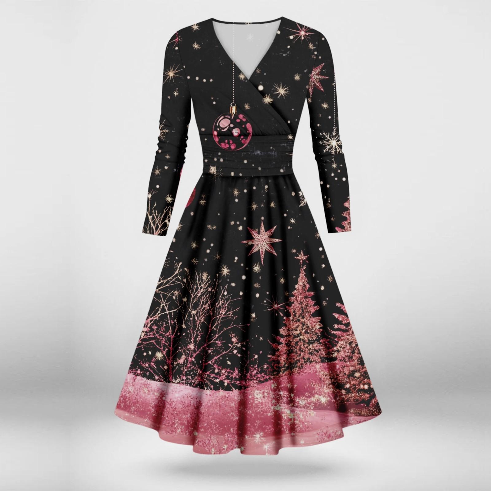 Женское повседневное и модное сексуальное платье с v-образным вырезом и длинными рукавами с рождественским принтом XXXXXL чёрный