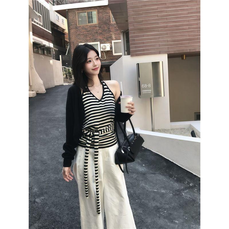 Kumikumi Design Sense Black Long sleeve Cardigan Inner wear Halter Top Women Autumn Slimming Casual Pants Three-Piece Suit White pants L
Kumikumi Design Sense Black Long sleeve Cardigan Inner wear Halter Top Women Autumn Slimming Casual Pants Three-Piece Suit White pants L