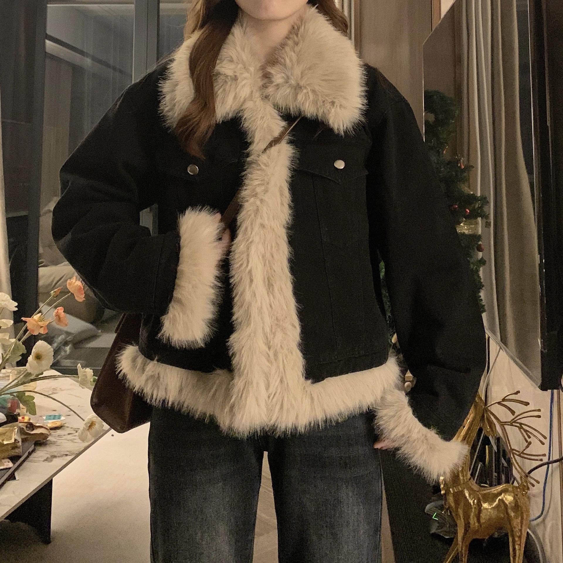 Женская ретро черная джинсовая куртка из овечьей шерсти - Высококачественная, короткая, с меховым воротником, пальто на хлопковой подкладке для осенне-зимней моды Large