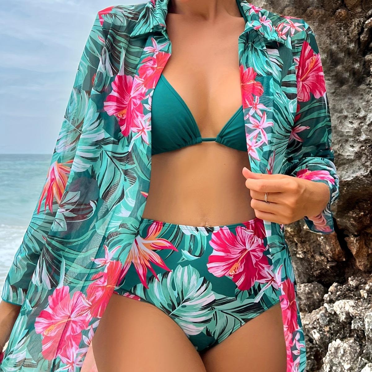 European & American Print Bikini Set: Sexy Tropical Rainforest Style with Split Swimsuit and Long Sleeve Cover-up. S
European & American Print Bikini Set: Sexy Tropical Rainforest Style with Split Swimsuit and Long Sleeve Cover-up. S