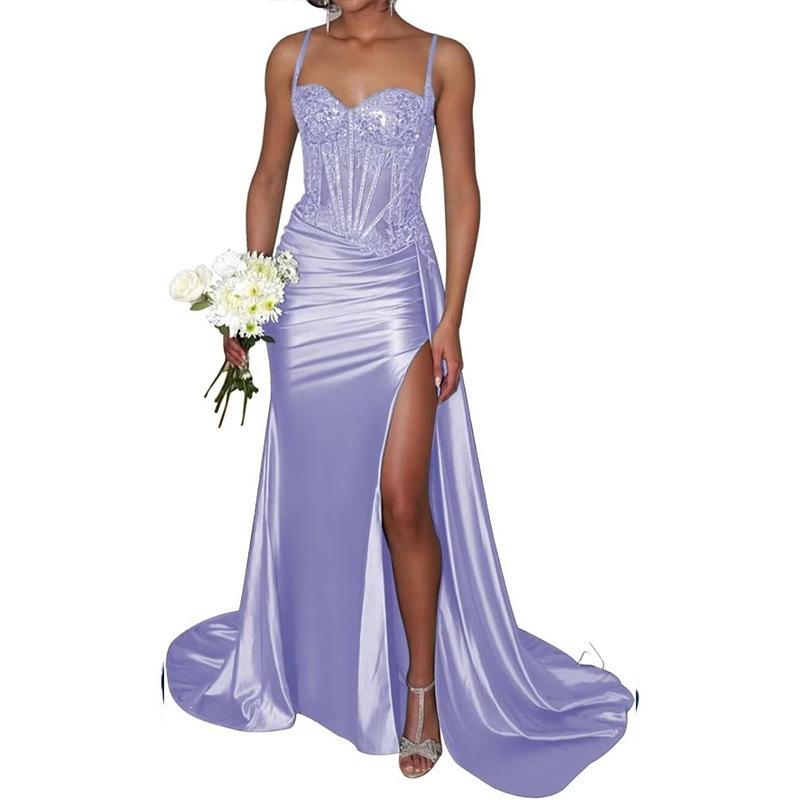 Green Satin Strappy Slit Prom Gown with Train Large
Green Satin Strappy Slit Prom Gown with Train Large