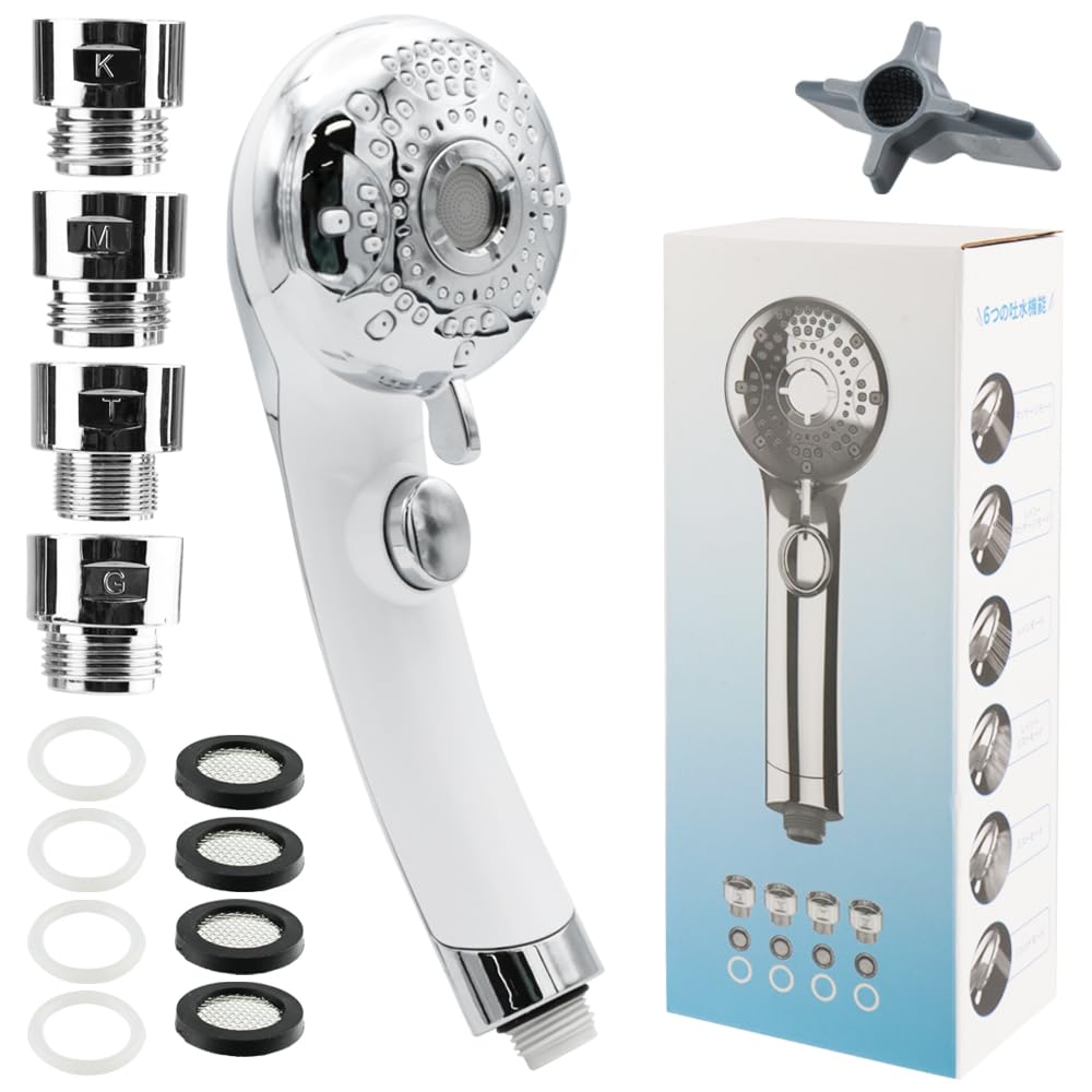 Bath shower head, G1/2 standard, 6 selectable modes, head spa, scalp care, handheld water stop, adapter included (white silver)
Bath shower head, G1/2 standard, 6 selectable modes, head spa, scalp care, handheld water stop, adapter included (white silver)