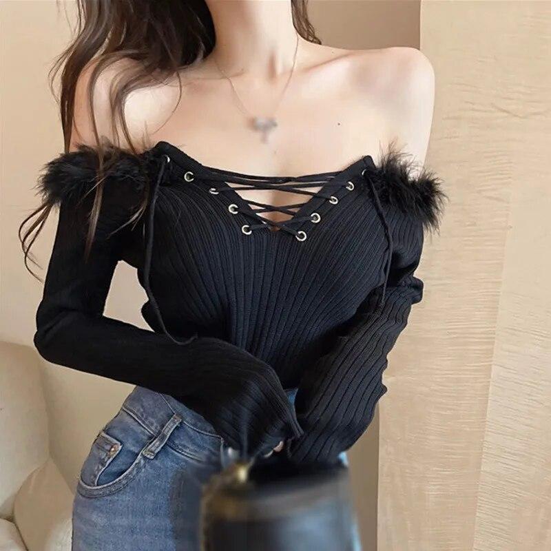 Вязаный топ для женщин, рубашка с открытыми плечами и воротником из искусственного меха One Size
Вязаный топ для женщин, рубашка с открытыми плечами и воротником из искусственного меха One Size