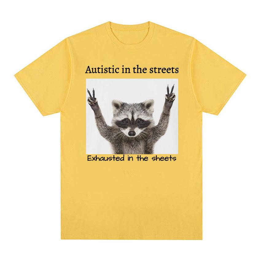 Забавные футболки с рисунком енота для аутистов на улицах, мужские и женские повседневные модные футболки с короткими рукавами, футболки большого размера из 100% хлопка
Забавные футболки с рисунком енота для аутистов на улицах, мужские и женские повседневные модные футболки с короткими рукавами, футболки большого размера из 100% хлопка