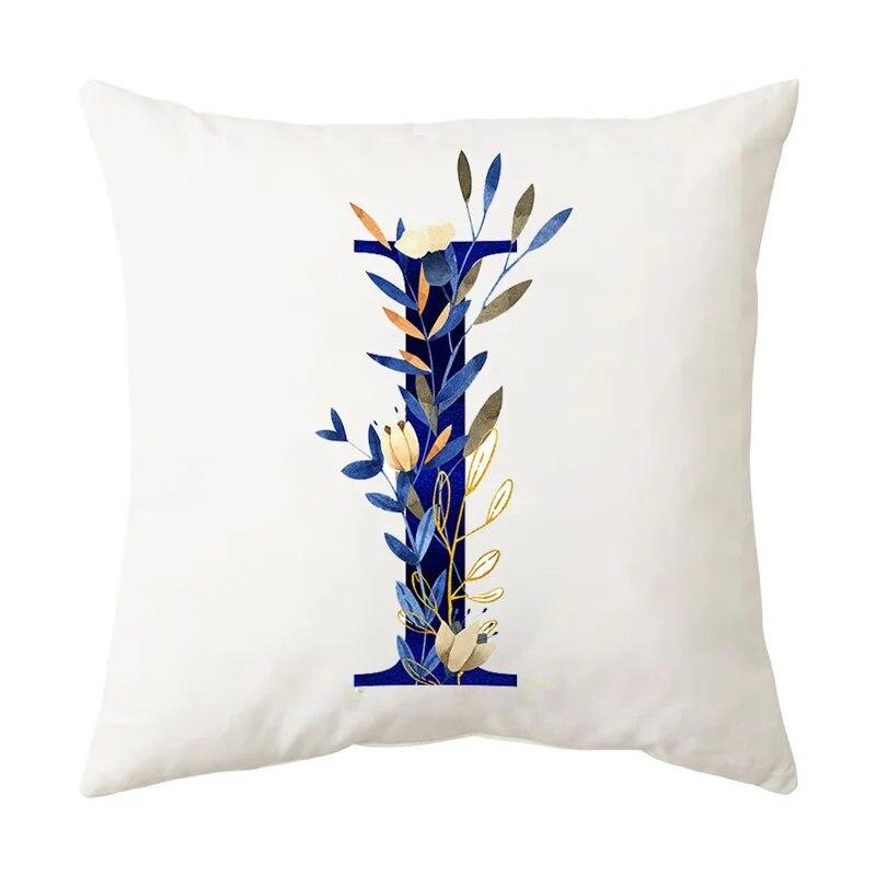 Синий растительный алфавит с принтом, чехол для подушки для дома, гостиной, украшение для дивана, квадратная подушка, чехол для подушки 45x45 см 40X40CM