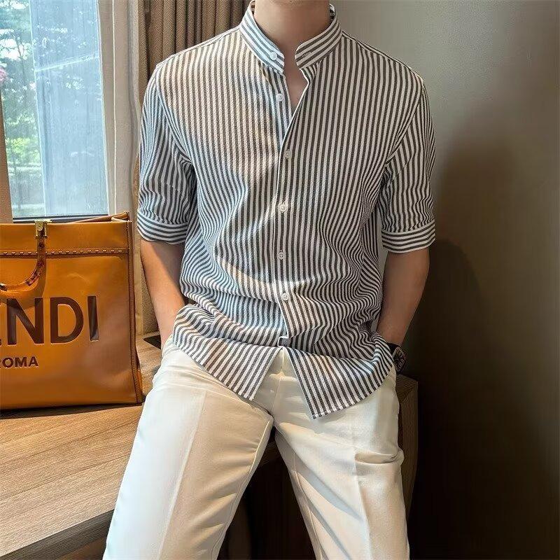 Men Striped Band Collar Short Sleeve Button Down Shirt Casual Breathable Summer Shirt for Men M чёрный
Men Striped Band Collar Short Sleeve Button Down Shirt Casual Breathable Summer Shirt for Men M чёрный