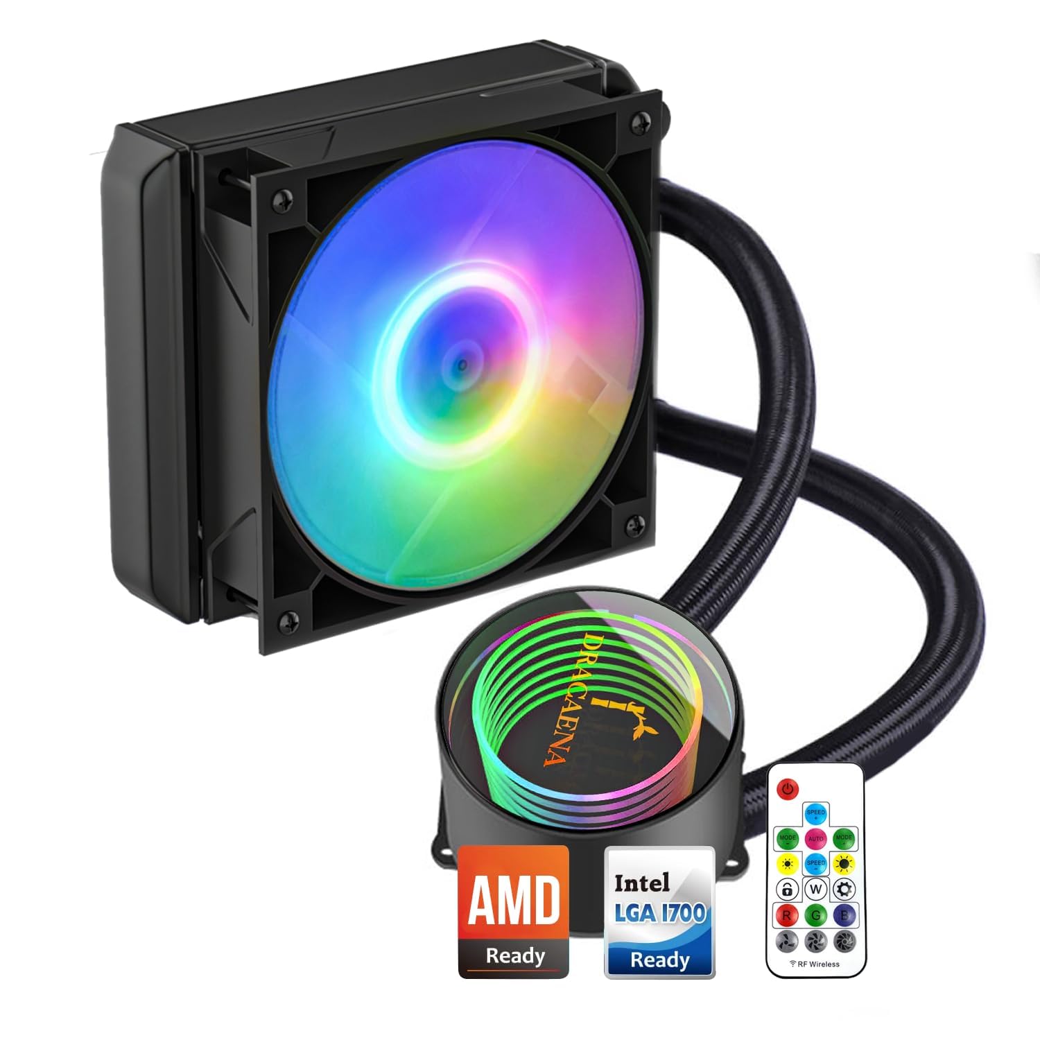 Dracaena AIO CPU Color Control 120mm Silent ARGB PWM Fan Compatible with AMD LGA High Flow Black Color Cooler, Remote, Radiator, 27DBA, AM5/AM4-Intel
Dracaena AIO CPU Color Control 120mm Silent ARGB PWM Fan Compatible with AMD LGA High Flow Black Color Cooler, Remote, Radiator, 27DBA, AM5/AM4-Intel