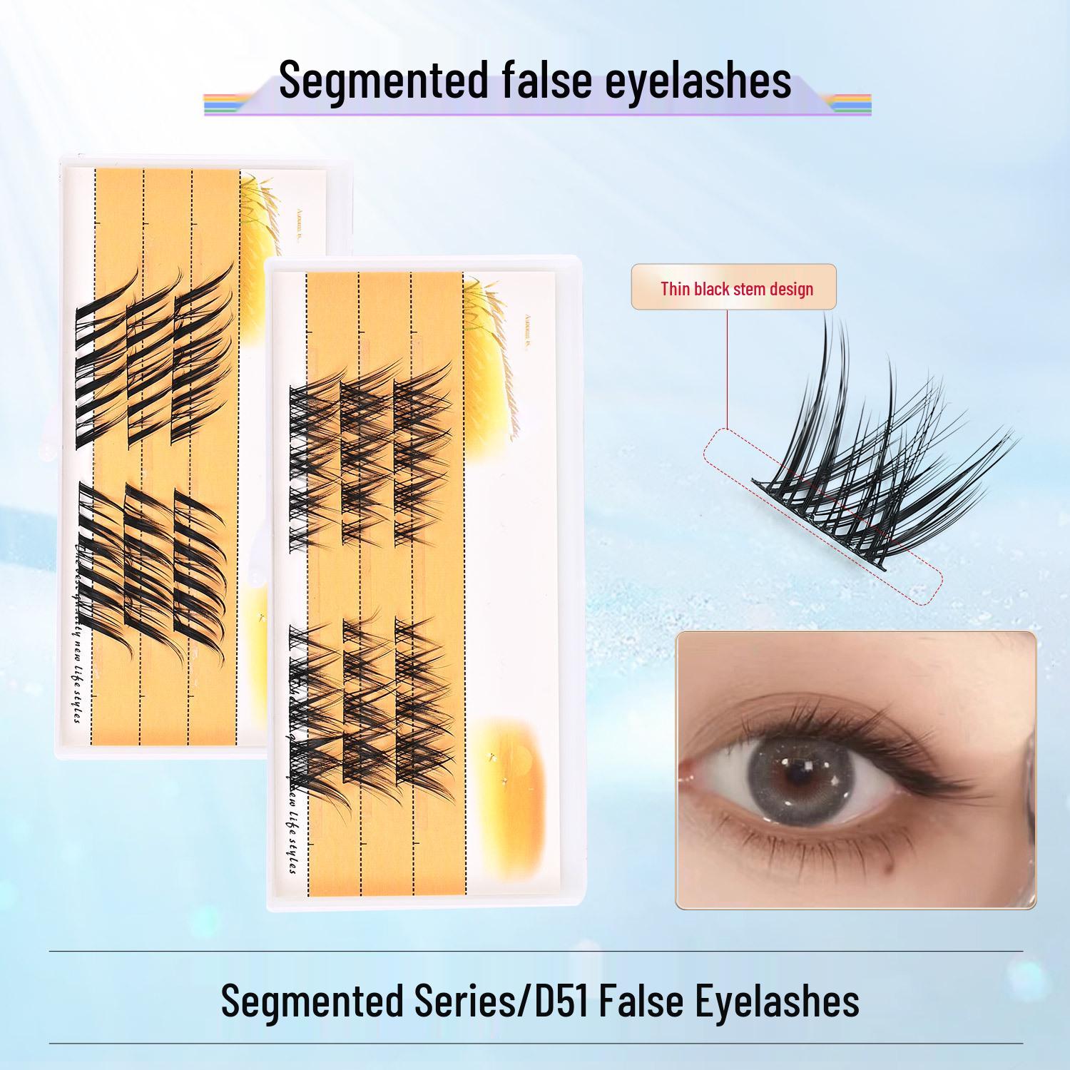 Segmented 3D D51 False Eyelashes: Realistic, Distinct Roots for Natural, Big-Eye Look with Slender, Curled Effect.
Segmented 3D D51 False Eyelashes: Realistic, Distinct Roots for Natural, Big-Eye Look with Slender, Curled Effect.