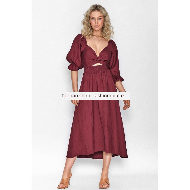 2025 Elegant V-neck Mid Sleeve Dress Deep red S
2025 Elegant V-neck Mid Sleeve Dress Deep red S