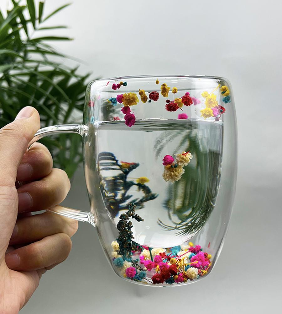350 мл Двойная стенка Кофейная кружка с ручками Прозрачные молочные стаканы Подарки Стеклянная чашка Наполните искусственными цветами Чайная чашка 350ml