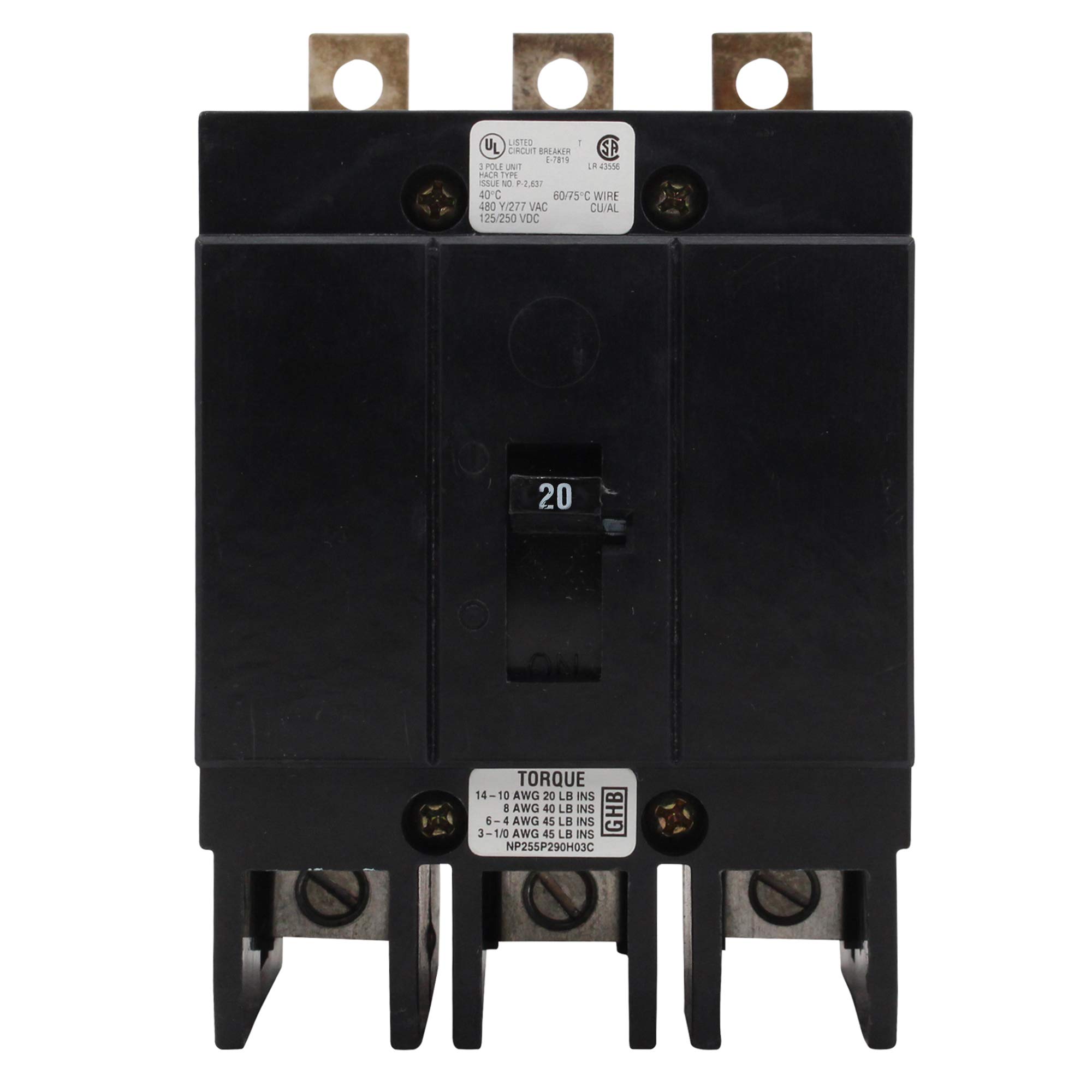 Eaton GHB3020 Bolt-On Mount Type GHB Molded Case Circuit Breaker 3-Pole 20 Amp 277/480 Volt AC 125/250 Volt DC, Color 
Eaton GHB3020 Bolt-On Mount Type GHB Molded Case Circuit Breaker 3-Pole 20 Amp 277/480 Volt AC 125/250 Volt DC, Color