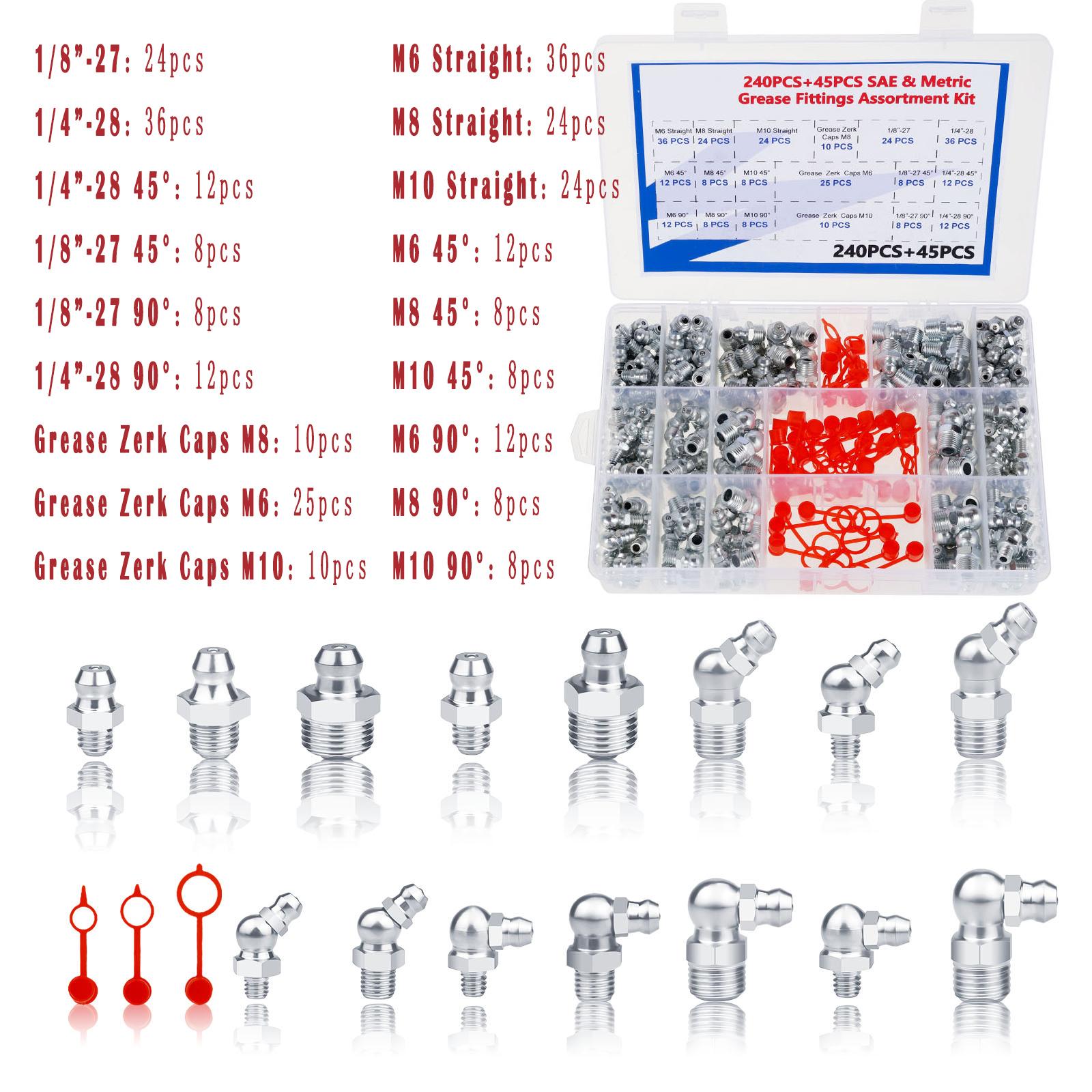 285 PCS Grease Fittings Assortment Straight 45 90 Degree Zerk Grease with Grease Fitting Caps Mechanism for Industrial Machinery silver &16mm
285 PCS Grease Fittings Assortment Straight 45 90 Degree Zerk Grease with Grease Fitting Caps Mechanism for Industrial Machinery silver &16mm
