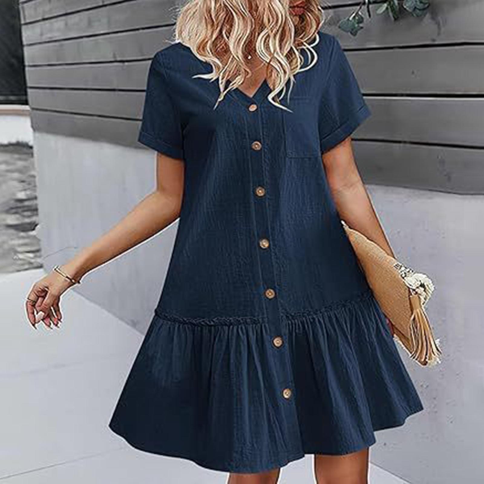 Women s Casual Short Sleeved Color V-neck Button Loose Fitting Dress With Ruffled Hem L
Women s Casual Short Sleeved Color V-neck Button Loose Fitting Dress With Ruffled Hem L