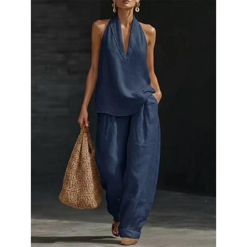 Summer Women Sleeveless Shirt Halter Vest High Waist Pocket Loose Pants Suit Women Casual Two Piece Female Loungewear Ses 5XL темно-синього кольору
Summer Women Sleeveless Shirt Halter Vest High Waist Pocket Loose Pants Suit Women Casual Two Piece Female Loungewear Ses 5XL темно-синього кольору