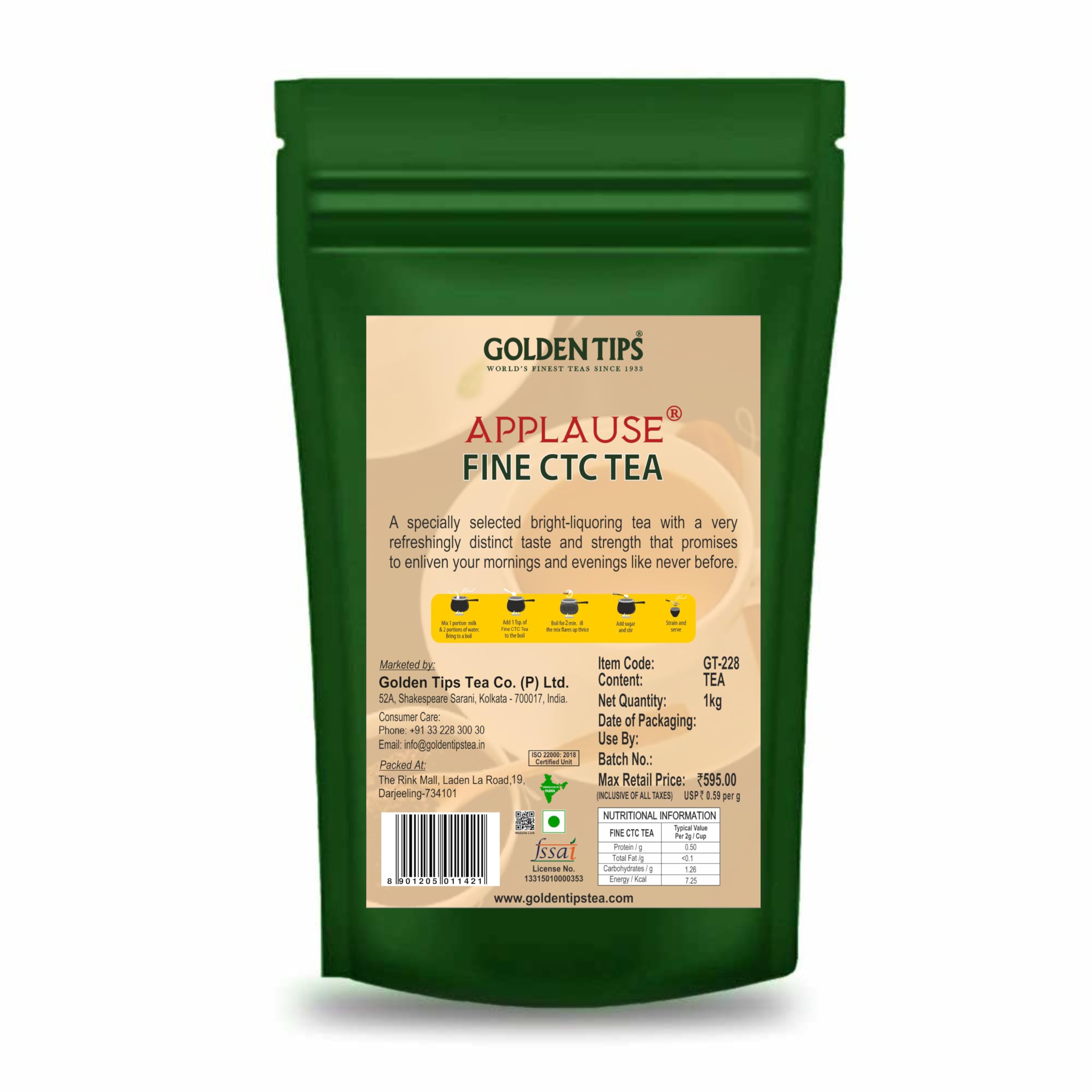 Golden Tips Applause Fine CTC Tea, Strong & Aromatic Chai Patti, Natural Loose Tea Leaves (250 Gram -125 Cups)
Golden Tips Applause Fine CTC Tea, Strong & Aromatic Chai Patti, Natural Loose Tea Leaves (250 Gram -125 Cups)