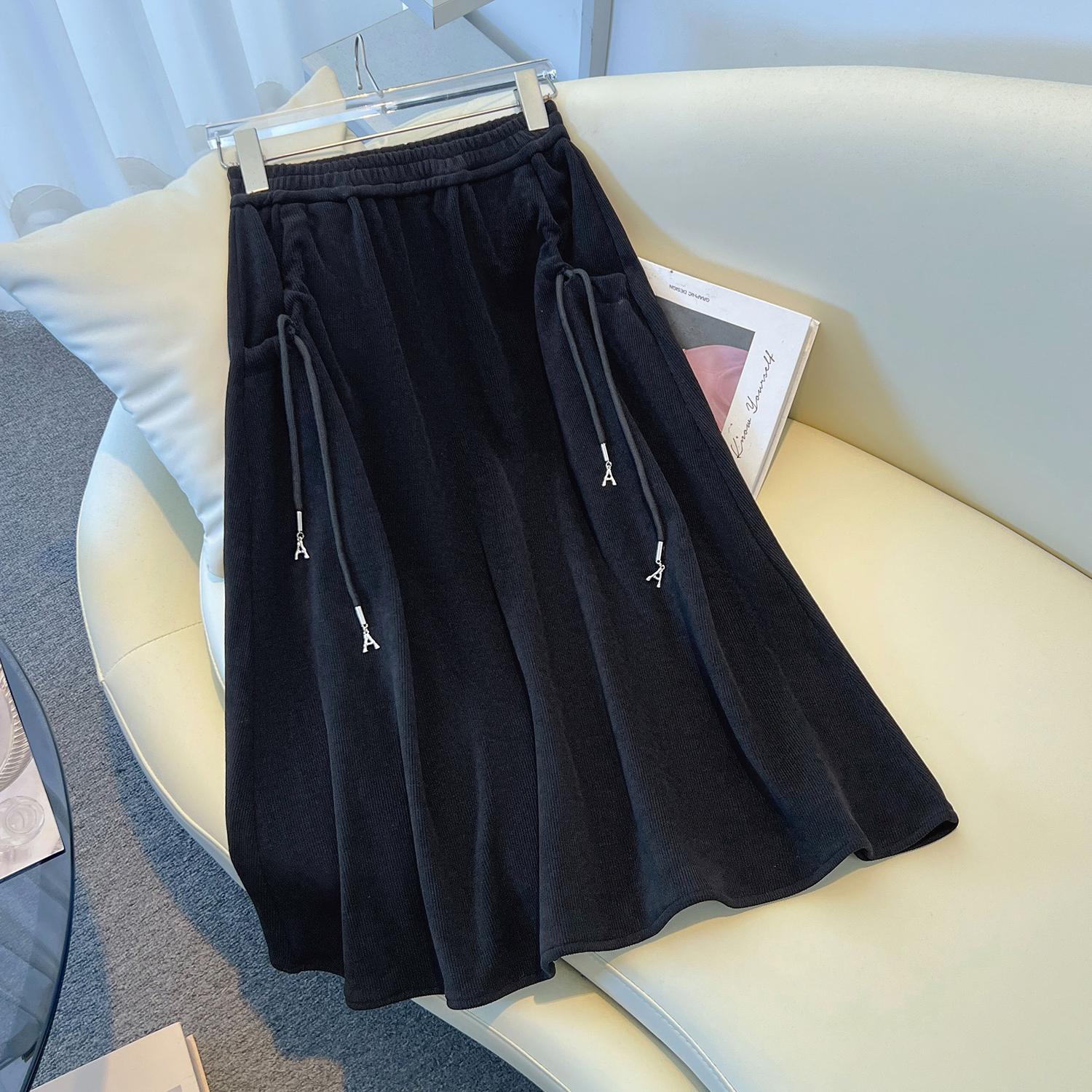 Dimanaf 2025 Новые Осенние Большие Размеры Длинные Женские Юбки А-Силуэта Эластичная Талия Оверсайз Элегантные Юбки с Завышенной Талией Однотонные 5XL чёрный