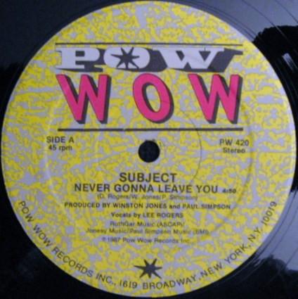 12inch Record SUBJECT - Never Gonna Leave You PW420 Pow Wow Records 1987 US Soul/Funk Used
12inch Record SUBJECT - Never Gonna Leave You PW420 Pow Wow Records 1987 US Soul/Funk Used