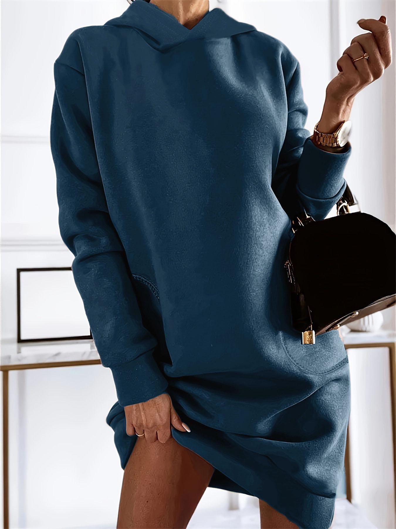 2024 Осень/Зима Женская модная однотонная юбка с капюшоном и длинными рукавами XL синий