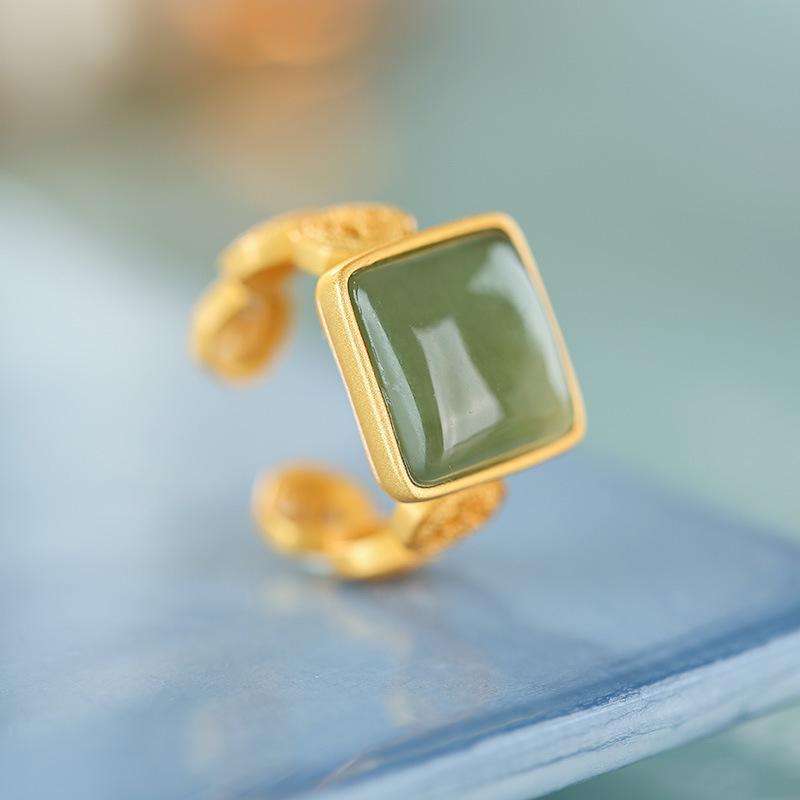 Natural Imitation Hetian Jade Green Square Ring with Gilt Inlaid Openwork Design Adjustable Open
Natural Imitation Hetian Jade Green Square Ring with Gilt Inlaid Openwork Design Adjustable Open