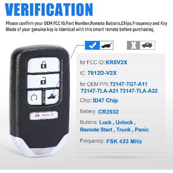 Smart Key Fob Keyless Entry Remote Start Replacement for Honda Pilot 2016-2018 for Civic CR-V 2017-2020 KR5V2X 5 Buttons 433 Mhz ID47 Chip
Smart Key Fob Keyless Entry Remote Start Replacement for Honda Pilot 2016-2018 for Civic CR-V 2017-2020 KR5V2X 5 Buttons 433 Mhz ID47 Chip