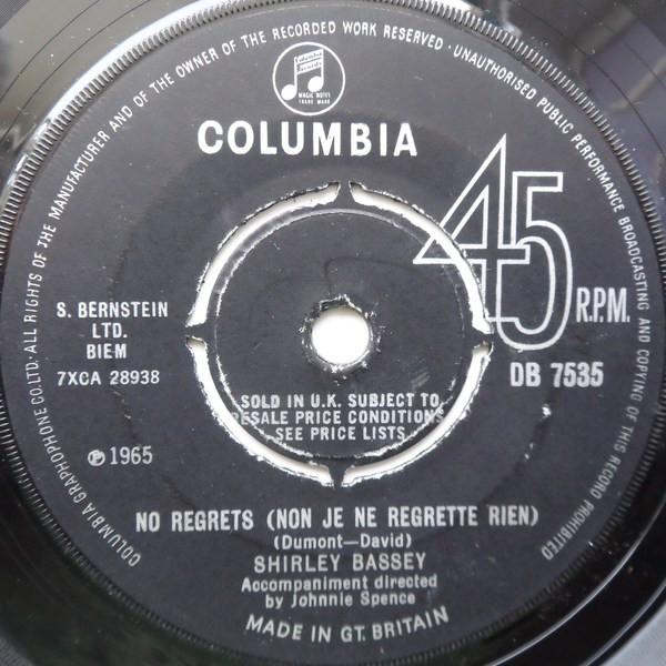 7inch Record SHIRLEY BASSEY - No Regrets (Non Je Ne Regrette Rien DB7535 Columbia 1965 UK Pop Used
7inch Record SHIRLEY BASSEY - No Regrets (Non Je Ne Regrette Rien DB7535 Columbia 1965 UK Pop Used