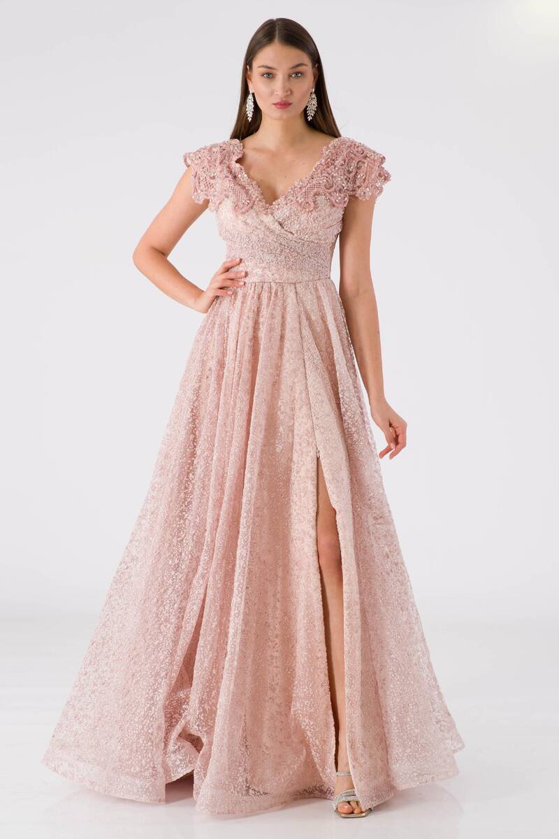 Вышитый воротник Детальная юбка Зернистое вечернее платье Пудра LUSA