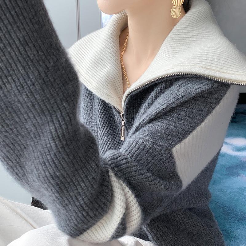 Women s Wool Color Block Half-Zip Casual Sweater with Big Lapel One Size: Length 68cm, Bust 115cm, Sleeve 65cm
Women s Wool Color Block Half-Zip Casual Sweater with Big Lapel One Size: Length 68cm, Bust 115cm, Sleeve 65cm