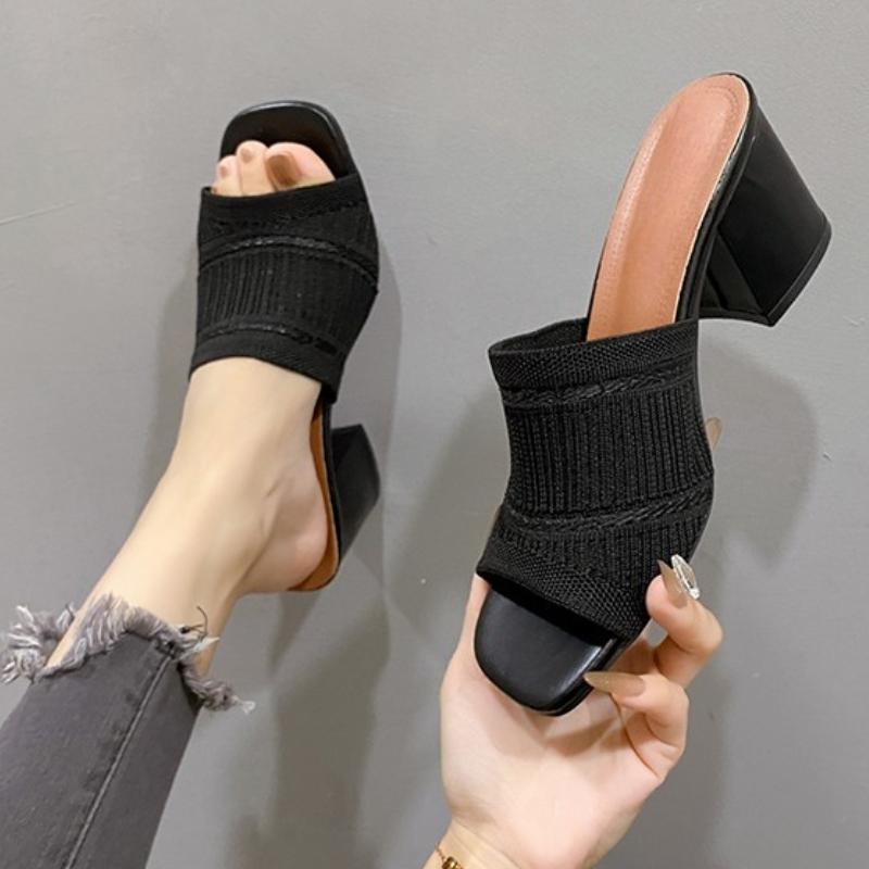 Мода 2025 Новые Женские сандалии Шлепанцы Летняя Роскошная Уличная Повседневная Женская Обувь Мягкий Открытый Носок Высокий Каблук Слайды Черные Мюли Сандалии 35 чёрный