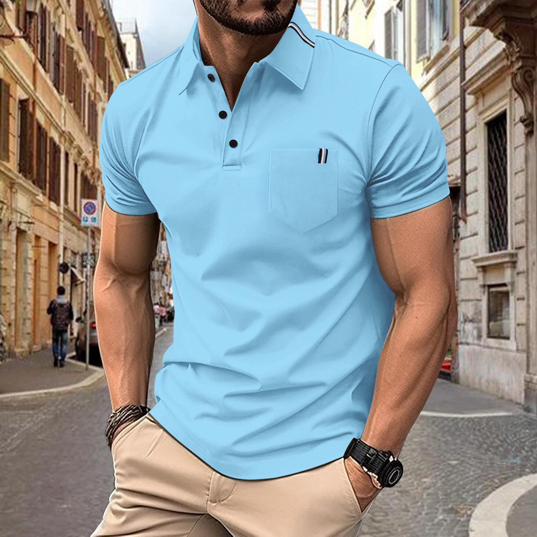 Summer new men s tops daily leisure sports solid colour splicing webbing lapel short-sleeved polo shirt XXXL небо синє кольору
Summer new men s tops daily leisure sports solid colour splicing webbing lapel short-sleeved polo shirt XXXL небо синє кольору